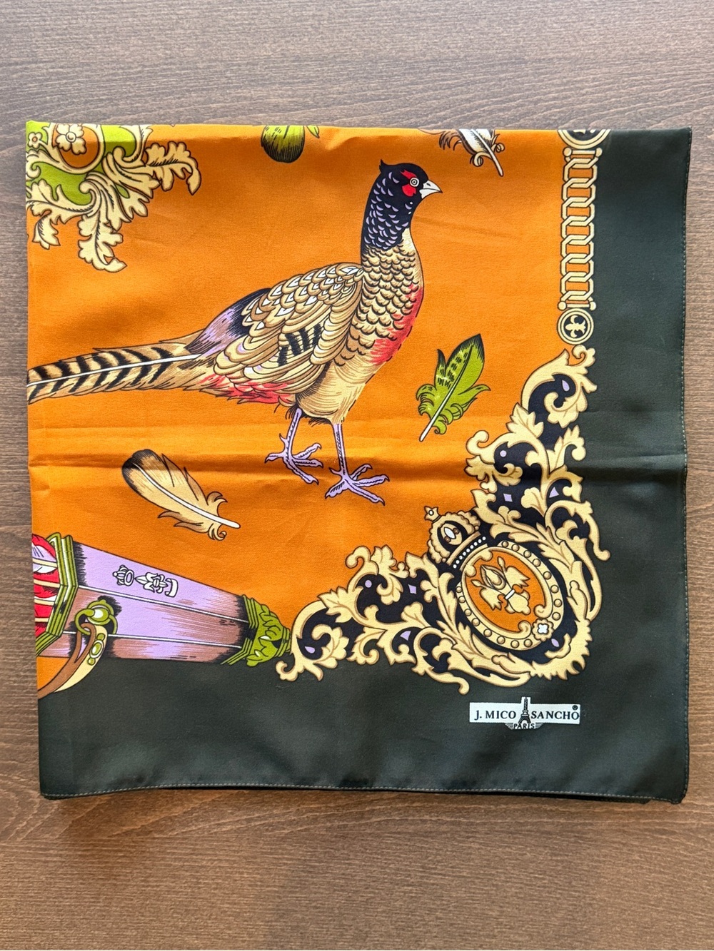 J. Mico Sancho Orange and Black Scarf with Pheasant Motif
